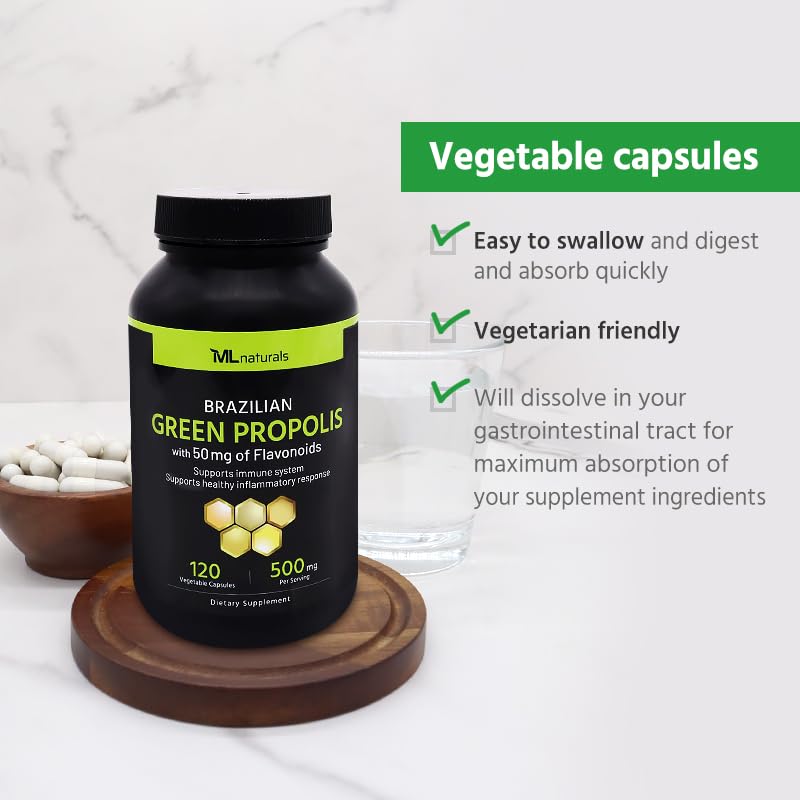 ML Naturals Brazilian Green Propolis 500 mg with 50 mg Flavonoids per Serving, 120 Capsules