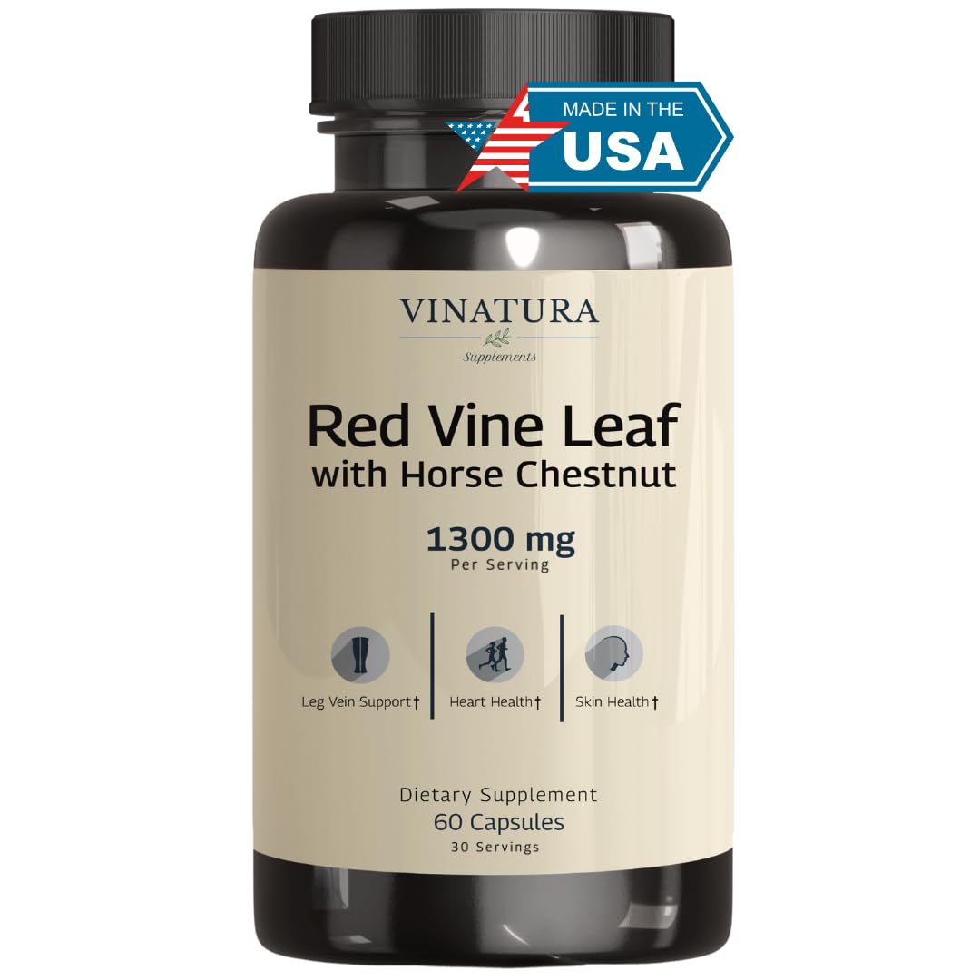 VINATURA Red Vine Leaf Extract - Horse Chestnut, 1300mg/serving, Circulation and Vein Support for Healthy Legs, 60 Capsules