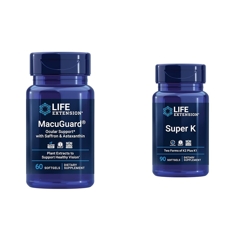 Life Extension Macuguard Eye Health Supplement with Lutein, Meso-Zeaxanthin, Saffron & Astaxanthin, 60 Count
Life Extension Super K Vitamin K1 K2 MK-7 MK-4 Vitamin C, 90 Softgels