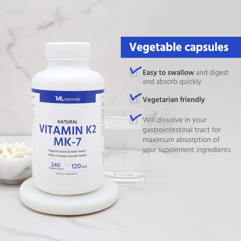 ML Naturals Vitamin K2 MK-7 120mcg All-Trans MK-7 Capsules, 240 Count