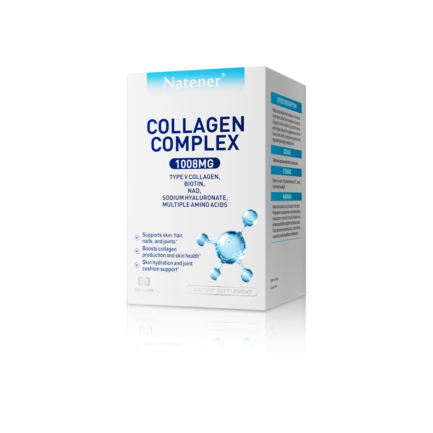 Natener 11 in 1 1008mg Collagen Complex Proprietary Blend with Type V Collagen, Biotin, Hyaluronic Acid, Multi Collagen Capsules, 60 Capsules