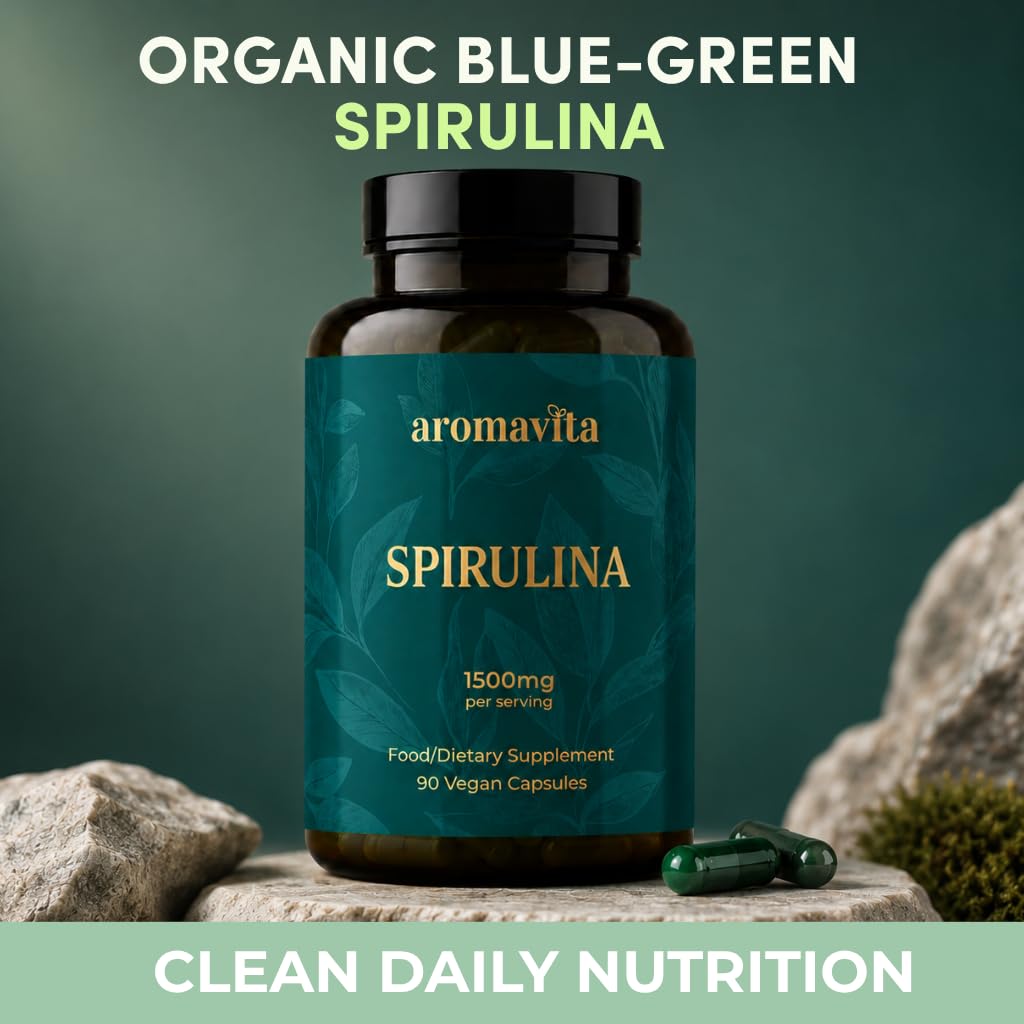 AROMAVITA Spirulina Capsule 1500mg Per Serving – Made with Organic Spirulina – Plant-Based Daily Wellness Support with Naturally Occurring Protein, Iron & Phytonutrients, 90 Vegan Capsules