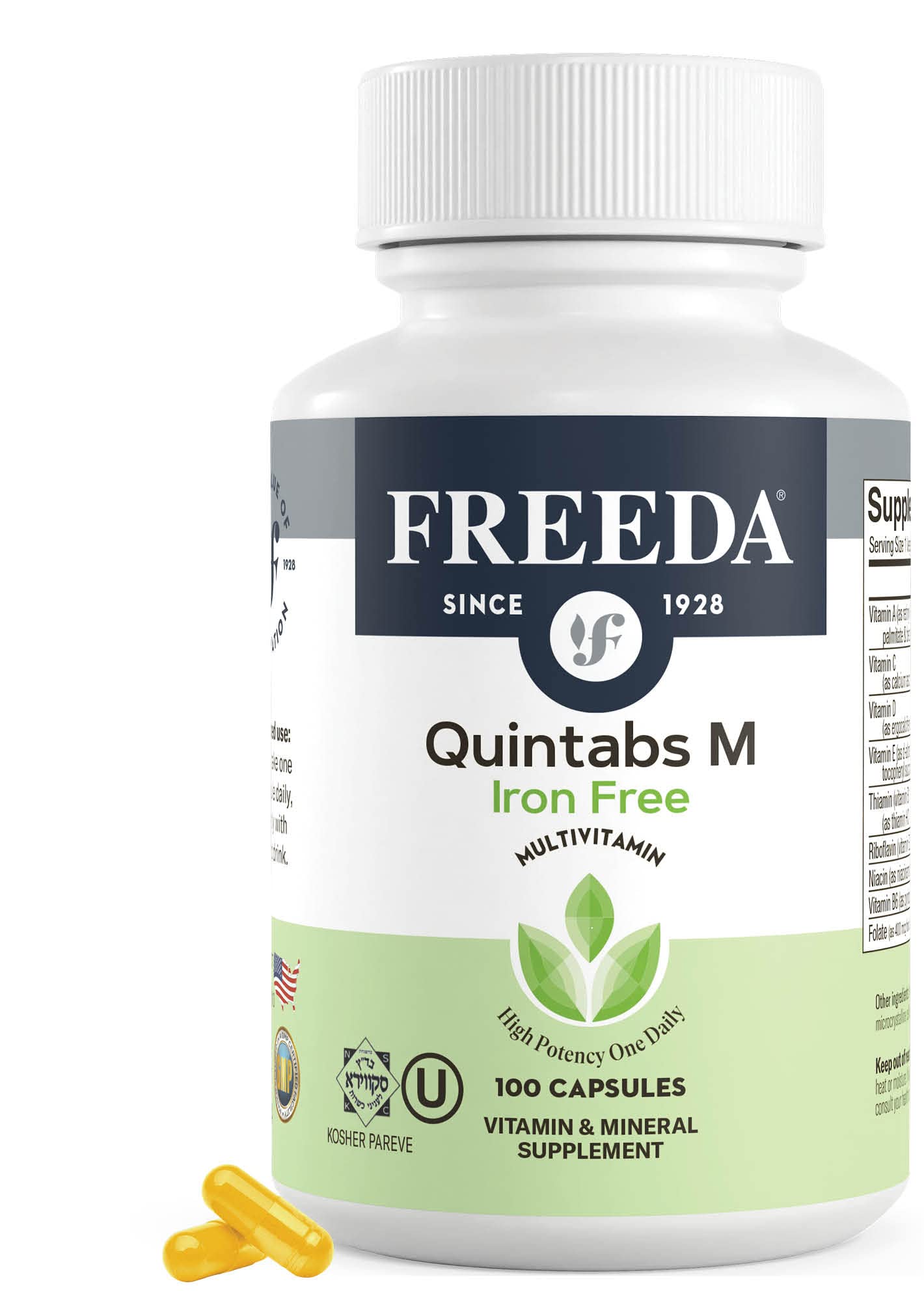 FREEDA One Daily Multivitamin Without Iron – Quintabs-M Iron-Free – Kosher, Balanced Multivitamin Supplements for Adults, Men & Women's Health Complete Multivitamins 100 Capsules