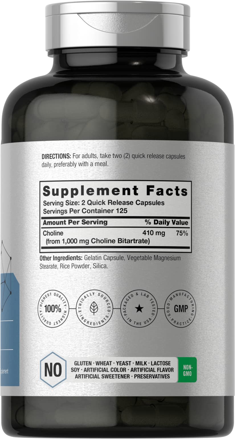 Horbäach Choline Bitartrate Supplement Capsule, 1000mg, 250 Capsules