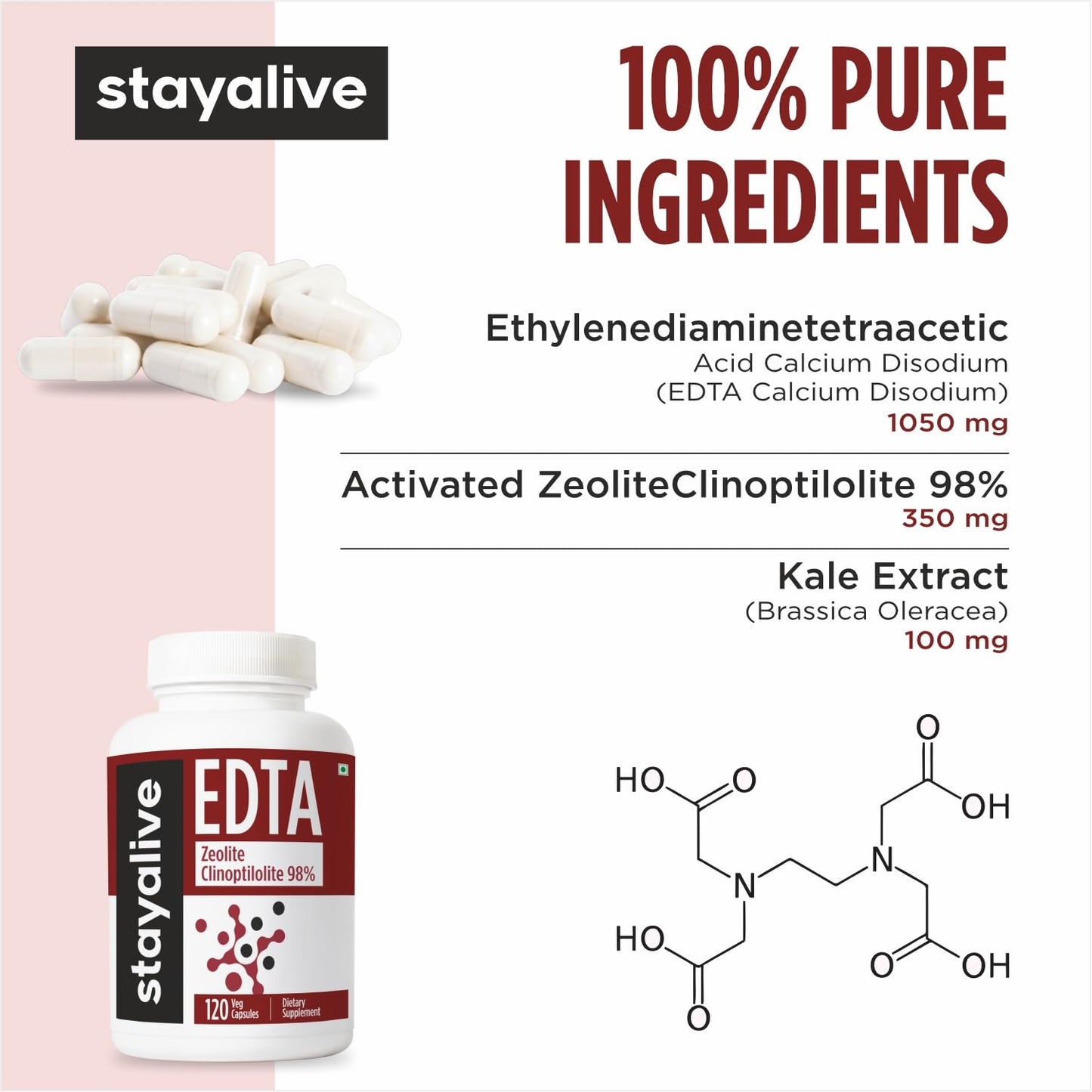 STAY ALIVE EDTA Capsules 1500mg with Zeolite 98% and Kale Extract Powder, 120 Capsules