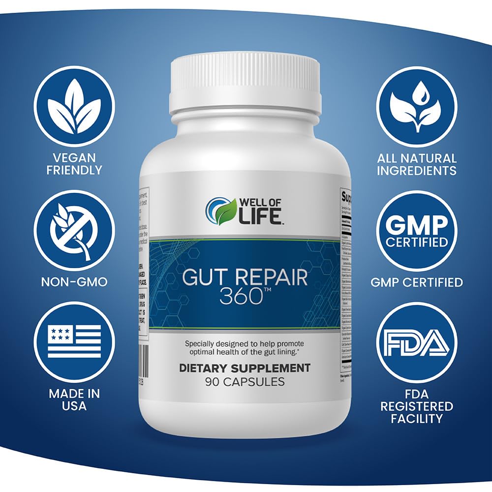 Well of Life Gut Repair Supplement – Digestive Health & Gut Support with Butyrate, L-Glutamine & Zinc Carnosine – Gut Lining Support Capsules, 90 Capsules