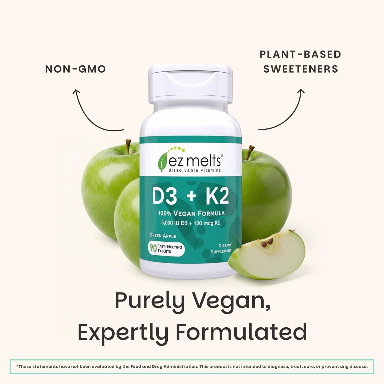 EZ Melts Vitamin D3 + K2 5,000 IU Dissolvable Vegan Tablets, 90 Count