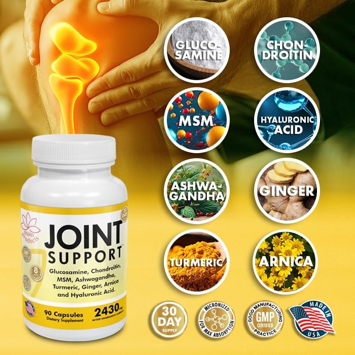 Main Products Glucosamine Chondroitin MSM Hyaluronic Acid Ashwagandha Turmeric Ginger Arnica Joint Support Supplement, Micronized, 2430mg, 180 Capsules
