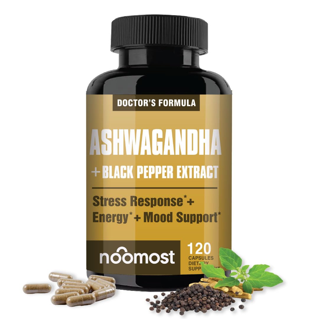 NooMost Ashwagandha 1200mg Supplement with Black Pepper Extract, 10% Withanolides, Capsules, 120 Count