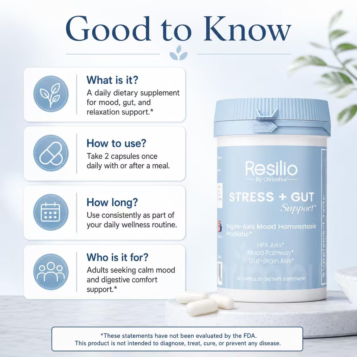 CHRIMBUR Resilio Stress+Gut Support Mood & Stress Probiotic for Women & Men Brain-Gut Axis Formula 30 Capsules