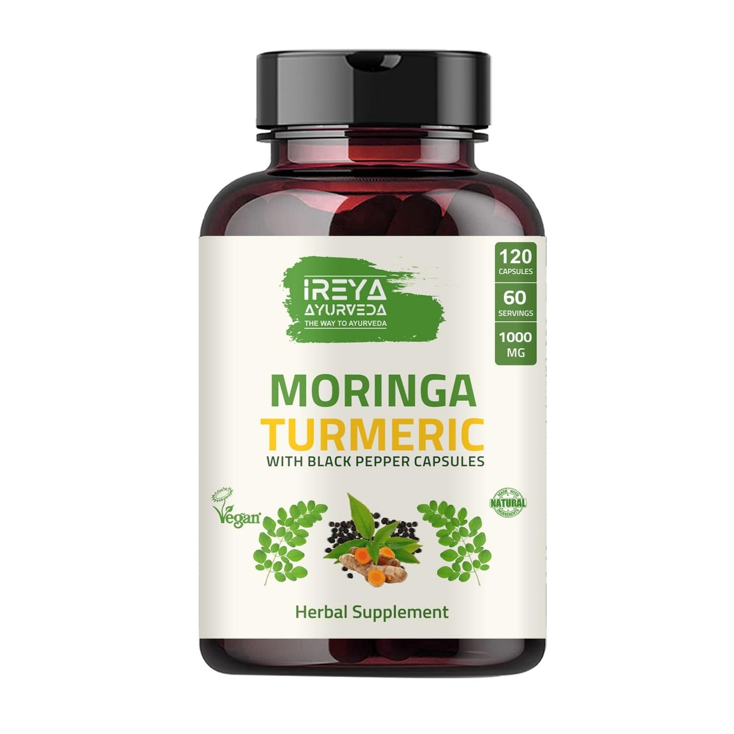 Ireya Ayurveda Organic Moringa Oleifera Powder & Turmeric Root Powder with Black Pepper Tablet, 120 Count