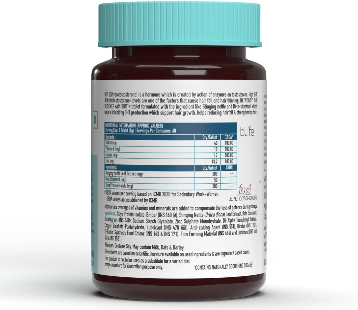 MENT HK Vitals DHT Blocker with Biotin, Stinging Nettle and SOYA Protein, Helps Reduce Hair Fall, Stimulates Hair Growth, 60 Tablets