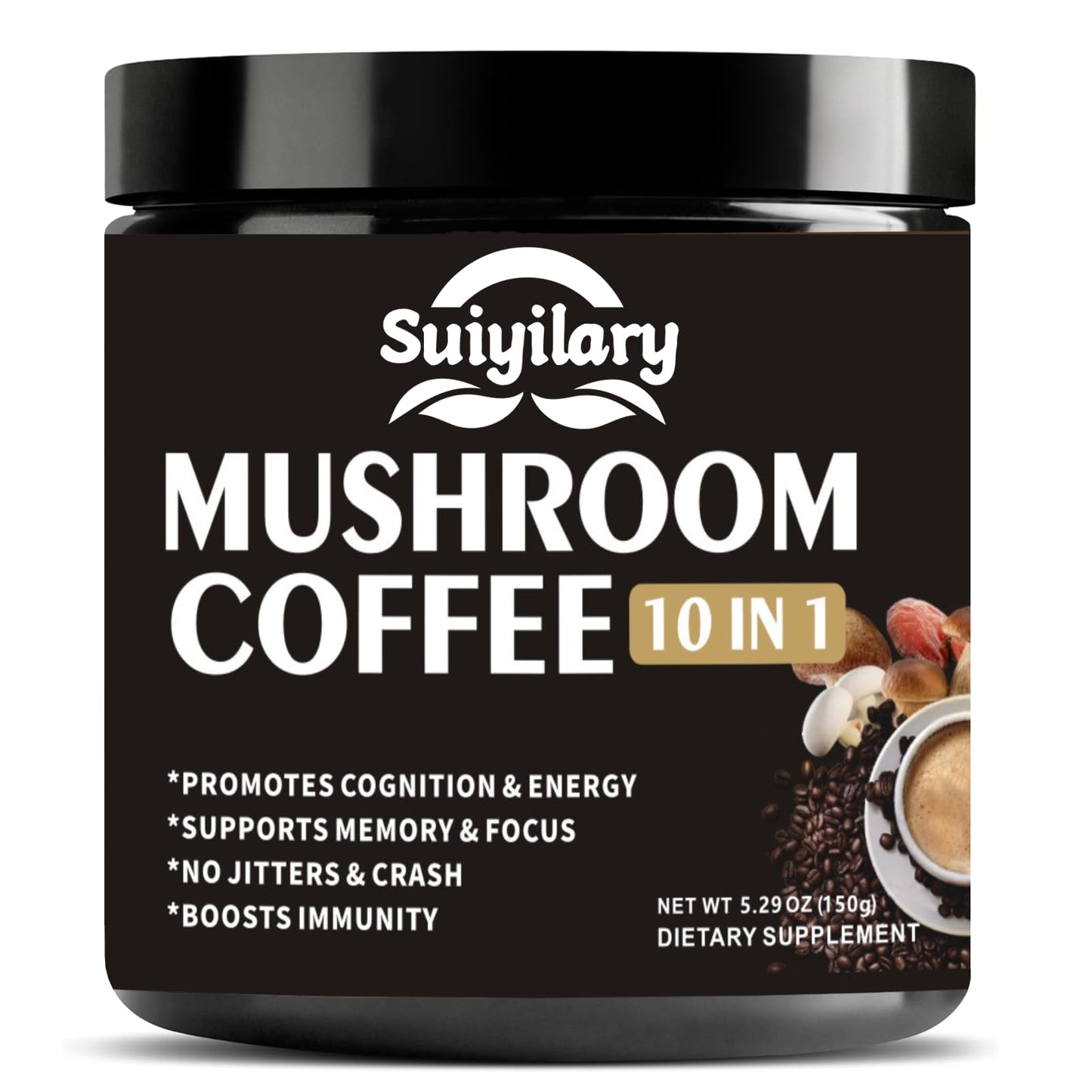 Suiyilary Mushroom Coffee Powder Blend with 10 Mushroom Extracts (Lion's Mane, Reishi, Chaga, Cordyceps, Turkey Tail), 5.3 oz