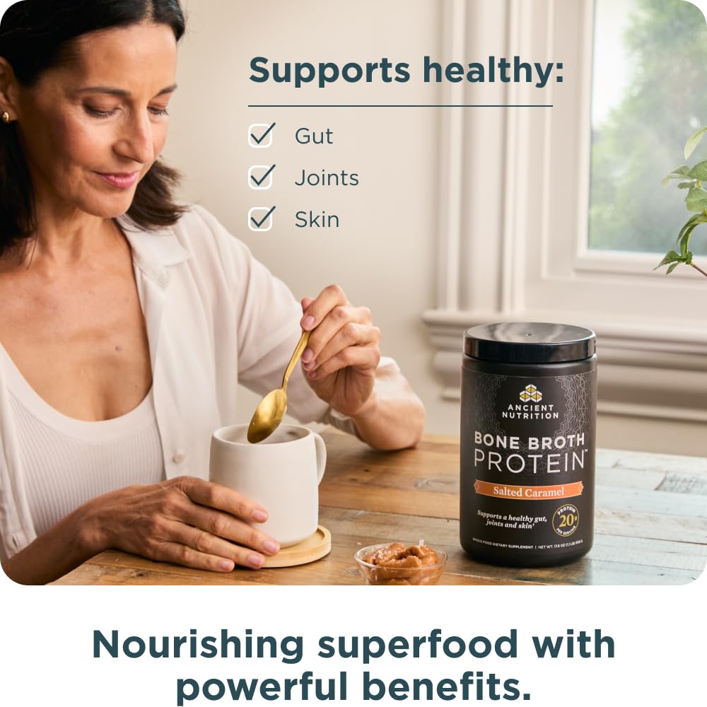 Ancient Nutrition Grass Fed Bone Broth Protein Powder Salted Caramel 17.8 oz