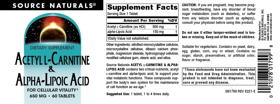 Source Naturals Acetyl L-Carnitine & Alpha-Lipoic Acid, for Cellular Vitality*, 650mg, 60 Tablets