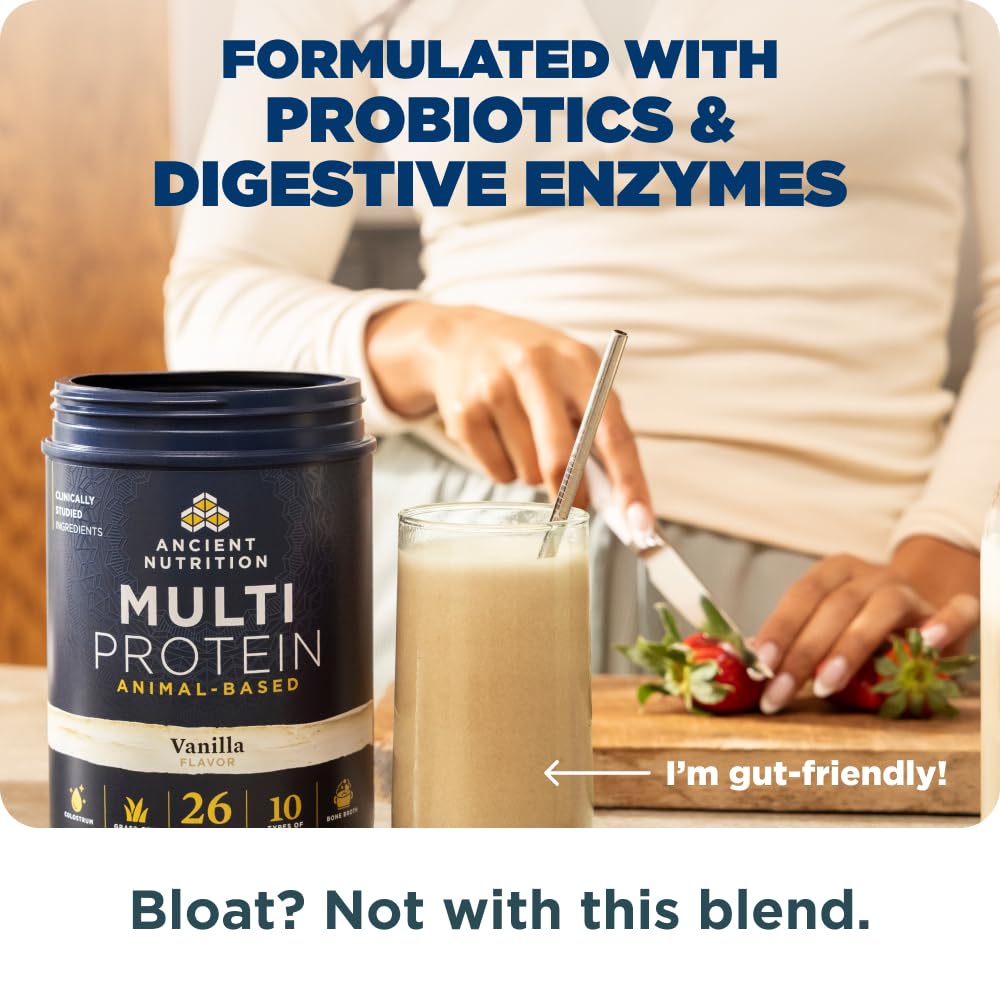 Ancient Nutrition Grass Fed Multi Protein, Bone Broth, Whey, Vanilla Bean Protein Powder, 18 Servings