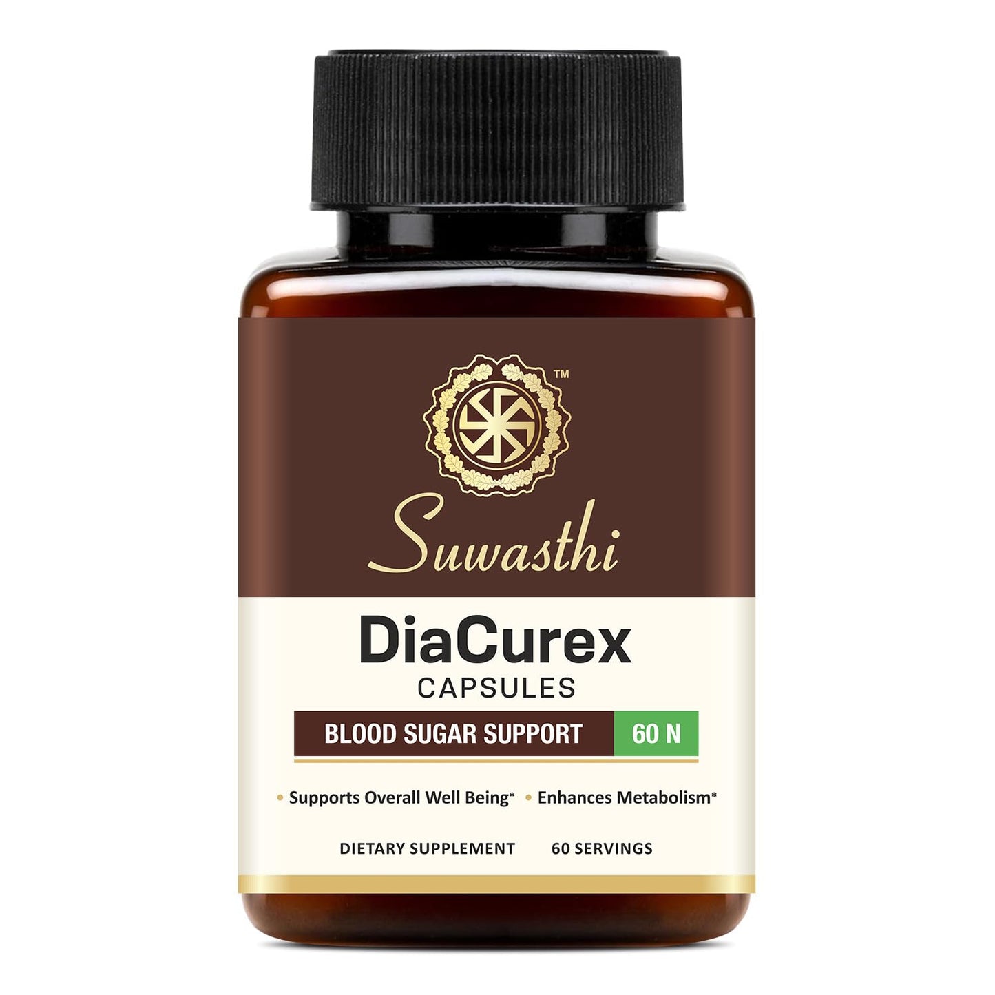 Suwasthi DiaCurex Berberine Supplement - 120mg with Cinnamon, Bitter Melon & Gymnema for Men & Women, 60 Capsules