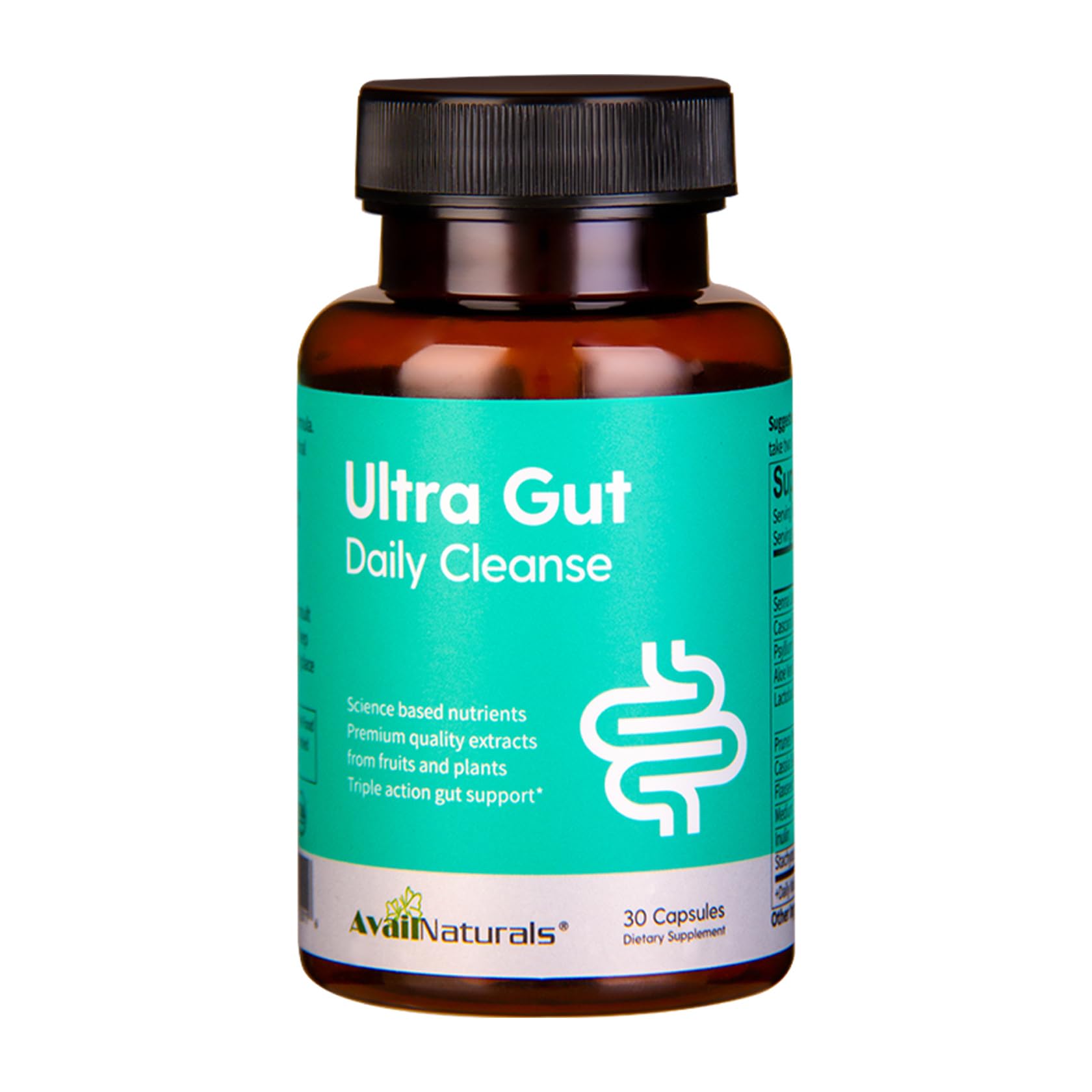 AvailNaturals Ultra Gut Daily Cleanse - 15 Day Detox Cleanse with Cascara Sagrada, Senna Leaf, Psyllium Husk Dietary Fiber, 2.5B CFU Probiotics Gut Health Support, 30 Capsules