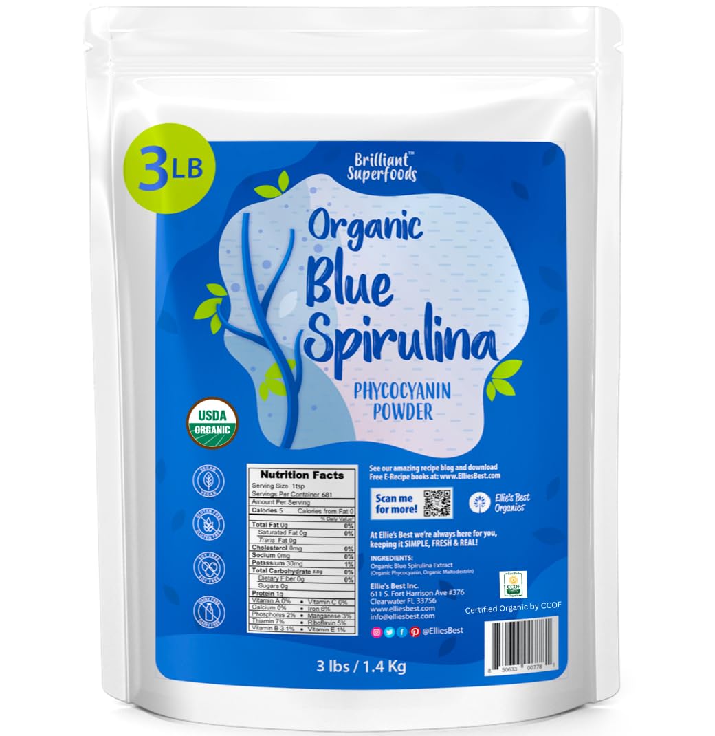 Ellie's Best Organic Blue Spirulina Powder (Phycocyanin Extract) - 2.11 oz, 60 Servings - Odorless - Vegan, Non-GMO, Gluten-Free, Dairy-Free - Organic Food Coloring - for Smoothies & Protein Drinks