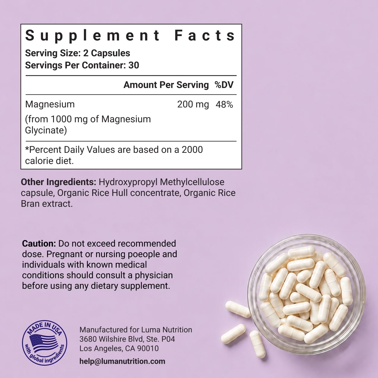 Luma Nutrition Magnesium Glycinate 1000mg Capsule, 60 Count