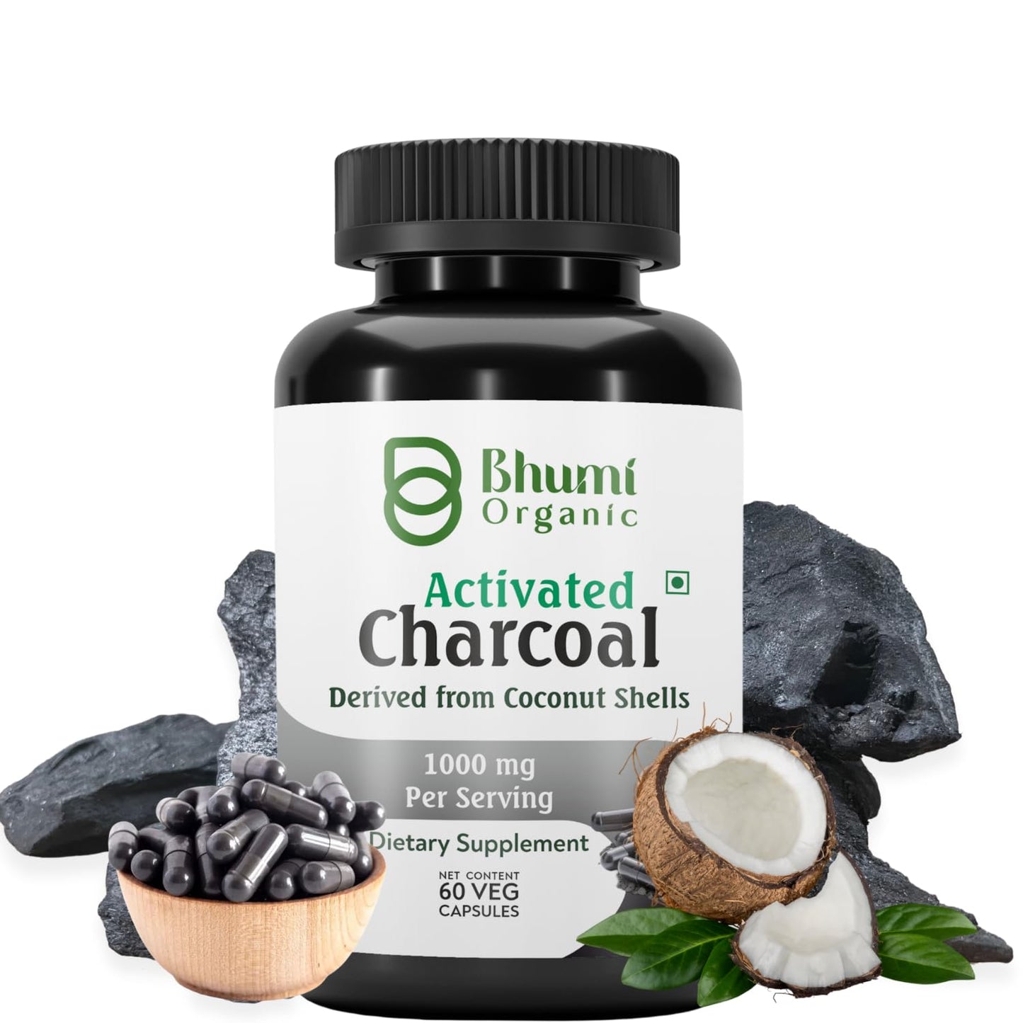 Bhumi Organic Coconut Based Activated Charcoal 500 mg Capsule 60 Count