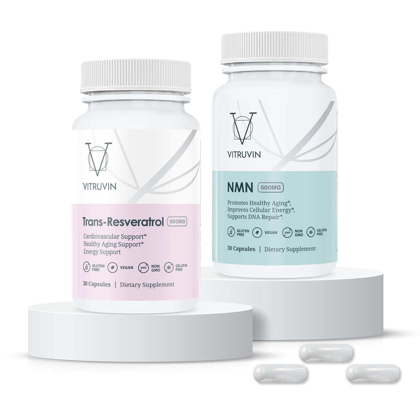VITRUVIN Longevity NMN 500MG + Trans-Resveratrol 500MG with Piperine Capsule 60 Count