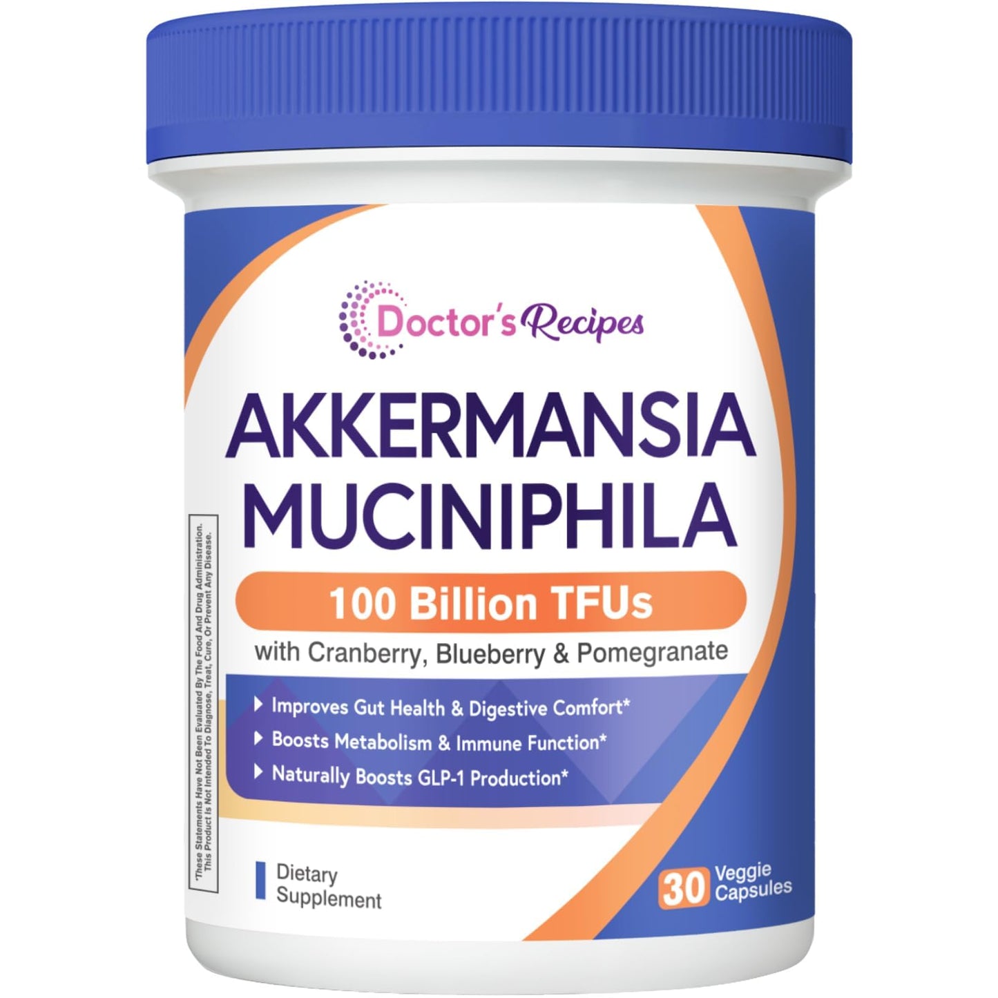 Doctor's Recipes Akkermansia Probiotic, Akkermansia Muciniphila 100 Billion TFUs, Cranberry, Blueberry & Pomegranate Extract, GLP-1 Production, Gut Health & Immune Support, Veggie Capsules, 30 Count