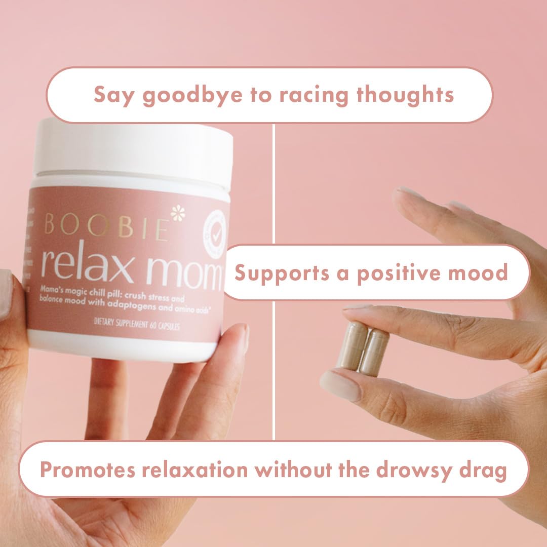 Boobie Brands Relax Mom Pregnancy & Postpartum Stress Support for Women, Breastfeeding Friendly Calm Mood Supplement with Adaptogens, 60 Capsules
