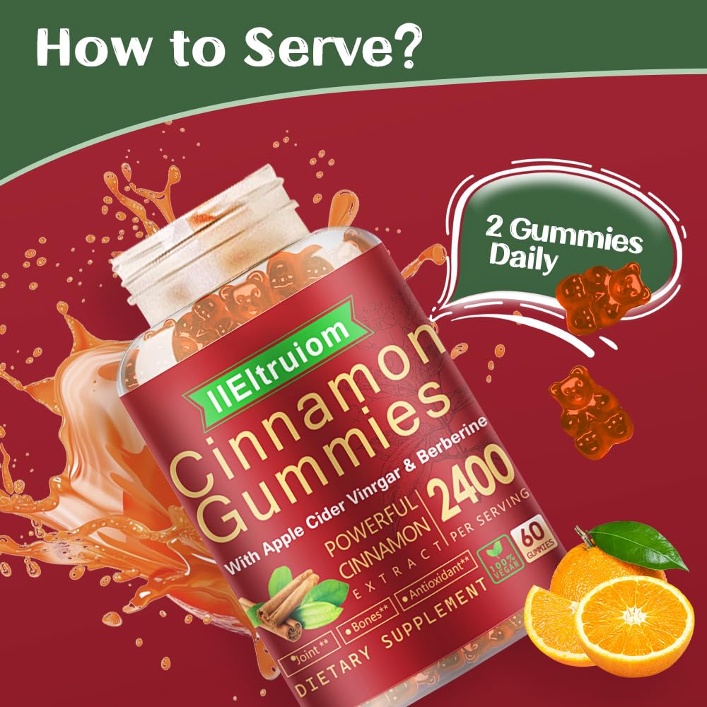 IIEltruiom Cinnamon Gummies 2400mg with Berberine, Turmeric, Apple Cider Vinegar, Bitter Melon, Chromium - Vegan, Non-GMO, 120 Gummies