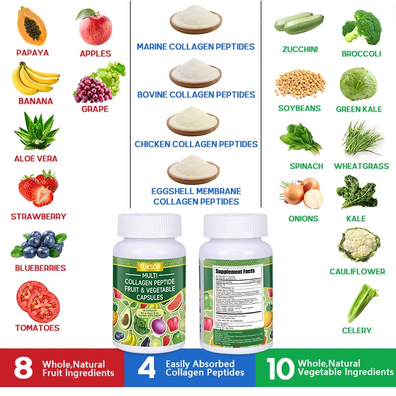TUKSOR Multi Collagen Peptide Fruit & Vegetable Capsules, 90 Capsules