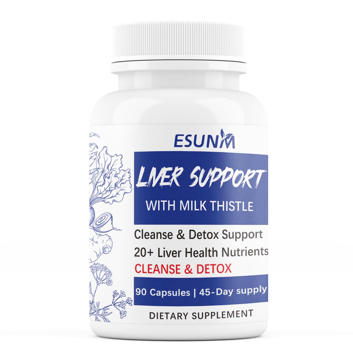 ESUNM Advanced Liver Cleanse Support Supplement – Milk Thistle Liver Detox with Silymarin, Dandelion, Artichoke, Beetroot & Choline Capsules, 60 Count