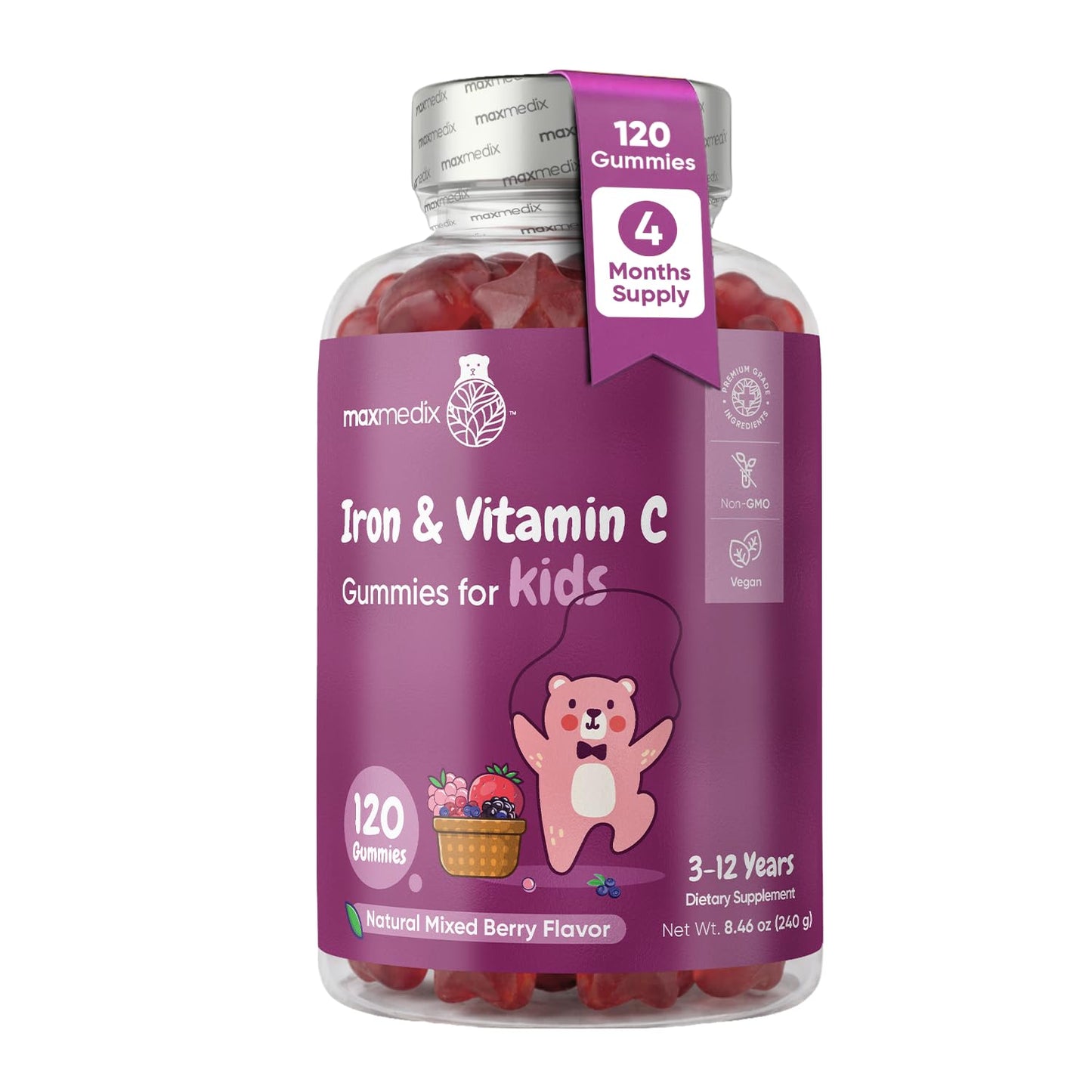 Maxmedix Kids Iron with Vitamin C Gummies 120 Count