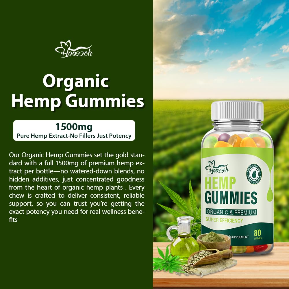 Hoozzch Natural Hemp High Potency for Pain Sleep Anxiety Relief Edible Made with Pure Hemp Oil Advanced Extra Strength Low Sugar Gluten Free, 160 Gummies
