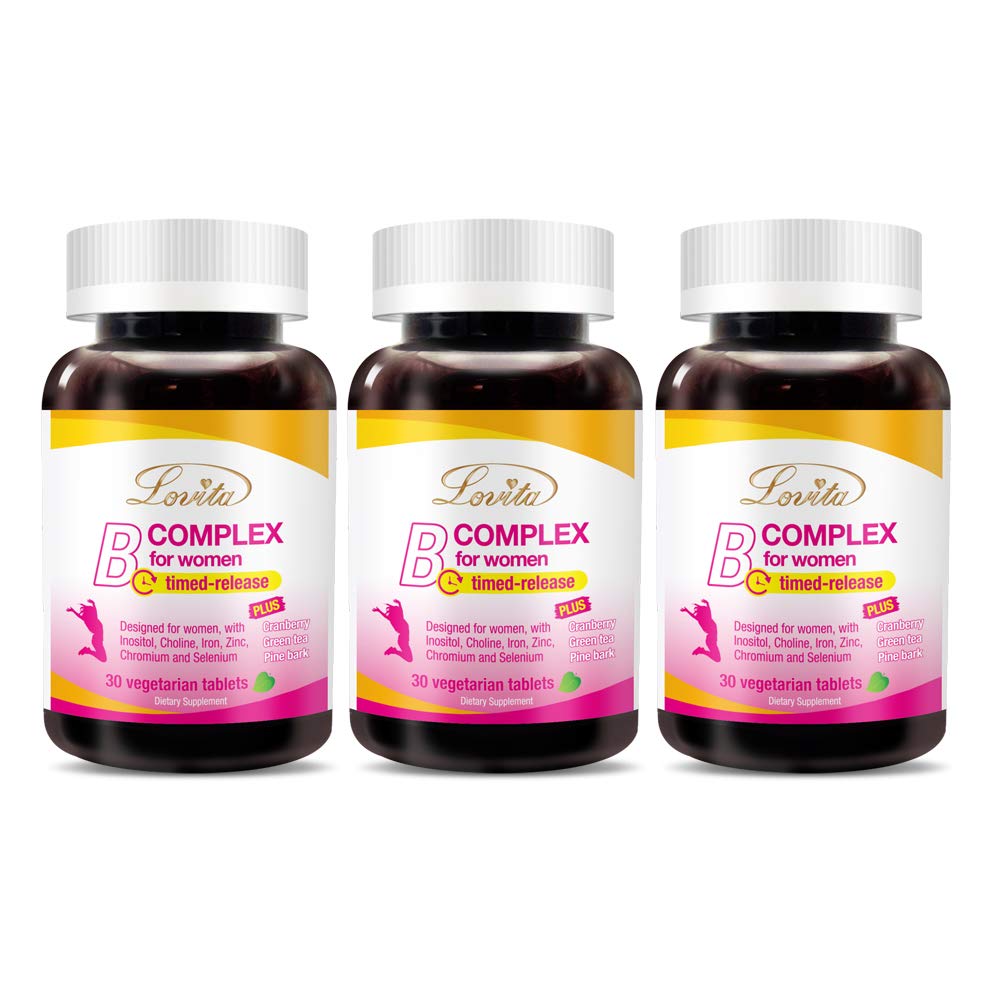 LOVITA Vitamin B Complex for Women, Timed Release, All B Vitamins with Iron, Vitamin C, Cranberry, Pine Bark, Green Tea for Energy, 90 Tablets