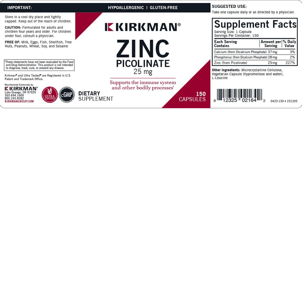 Kirkman Zinc Picolinate 25 mg Capsules, 150 Count