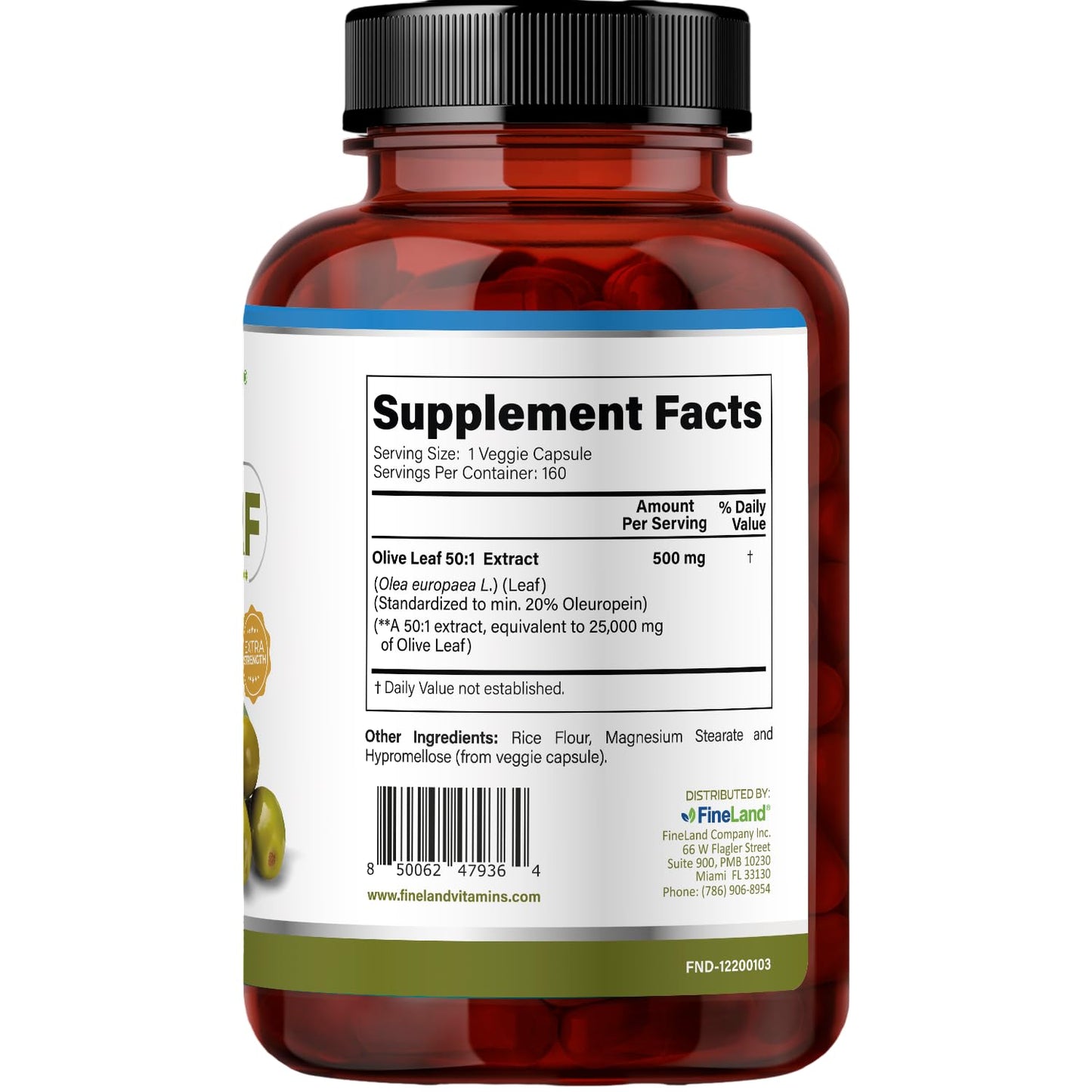 FineLand Olive Leaf 50:1 Extract with 20% Oleuropein Capsules, 160 Count