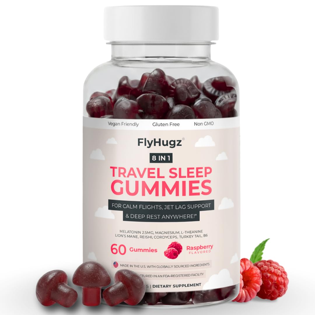 FlyHugz Travel Sleep Support Gummies with Melatonin, L-Theanine & Magnesium, 60 Vegan Gummies