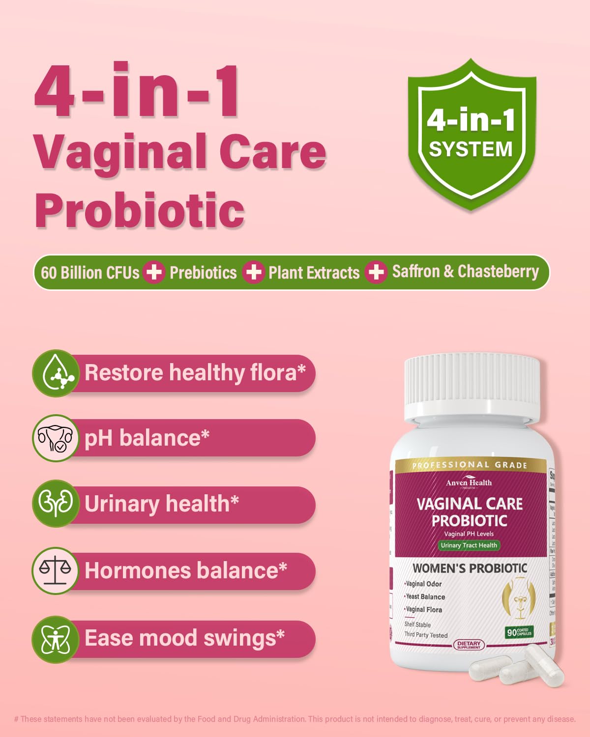 Anven Health Vaginal Probiotics for Women pH Balance with Prebiotics, 60 Billion, 270 Capsules