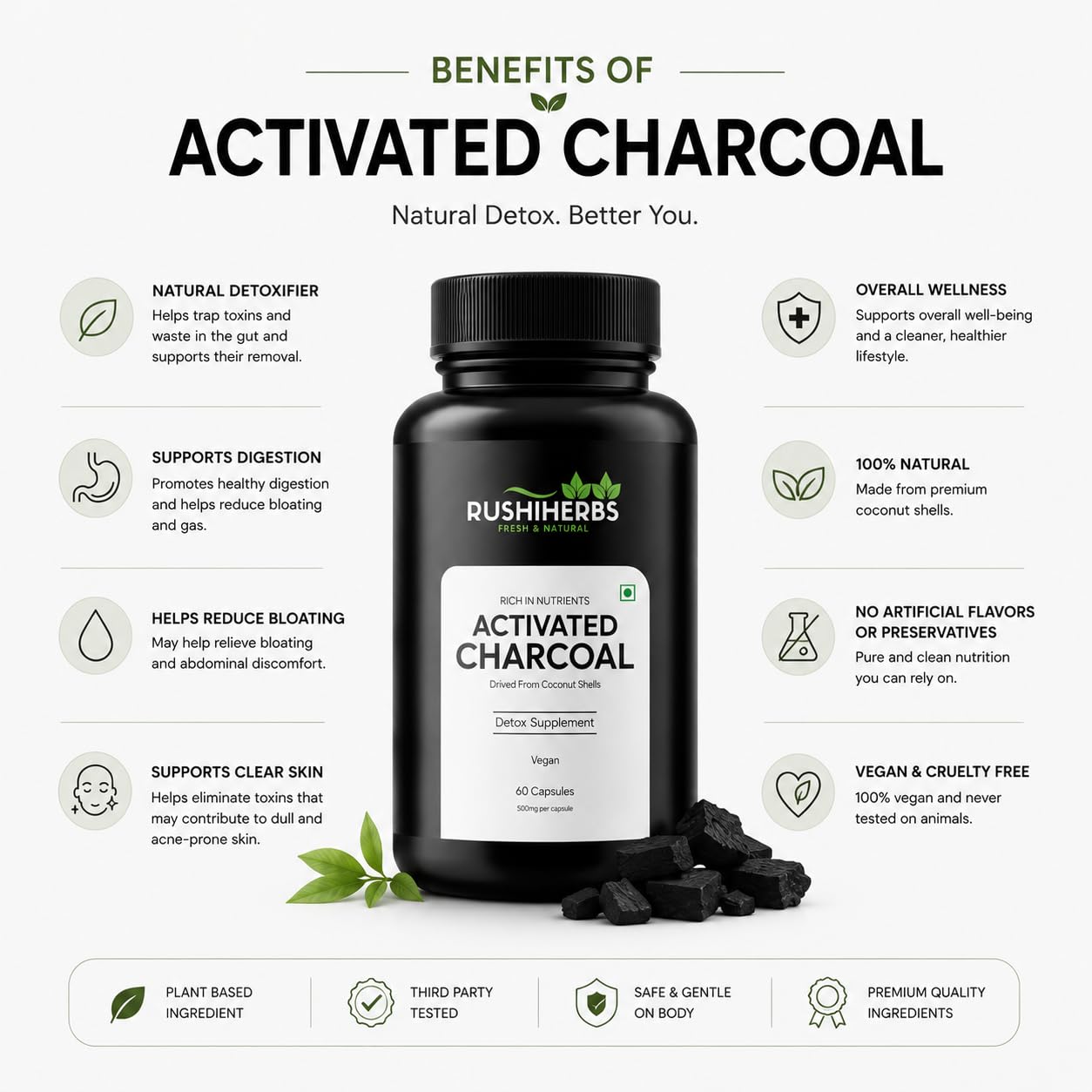 RUSHIHERBS Activated Charcoal 500 mg Veg Capsules, 60 Count