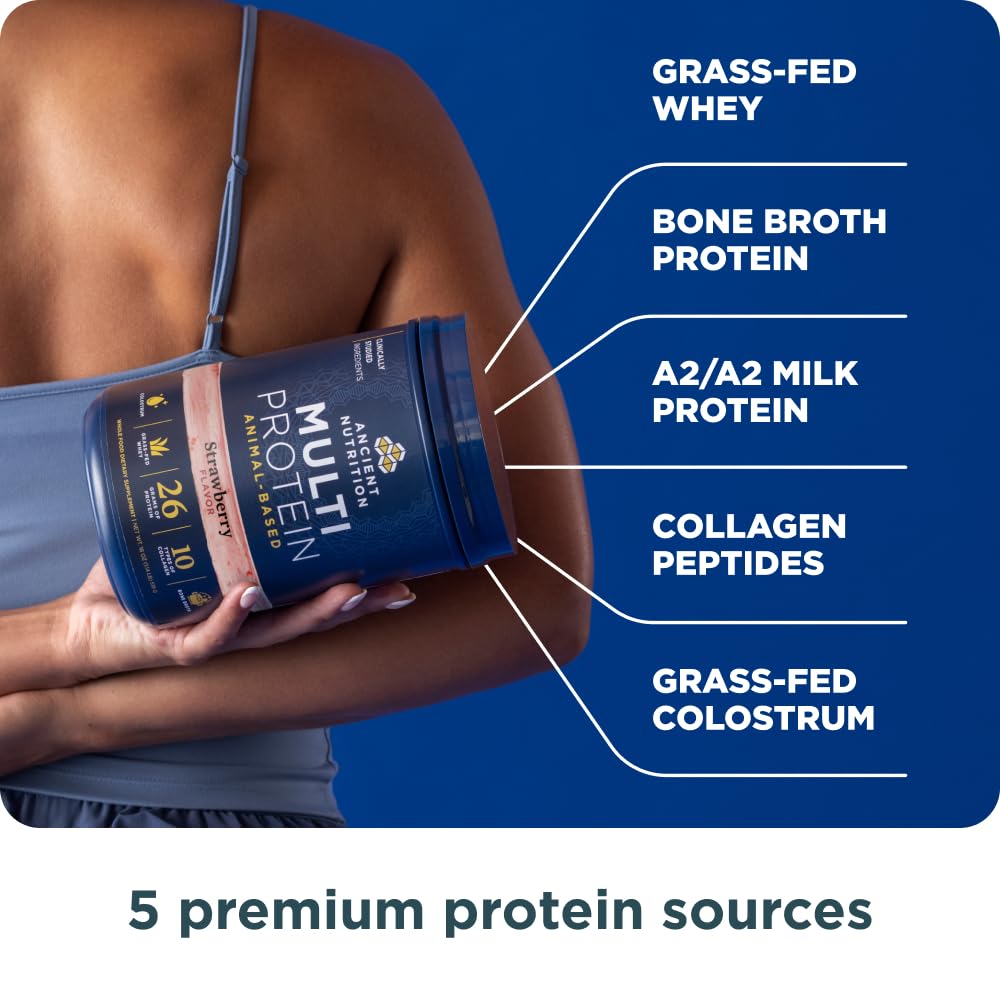 Ancient Nutrition Grass Fed Multi Protein, Bone Broth, Whey Protein Powder, Strawberry Flavor, 18 Servings