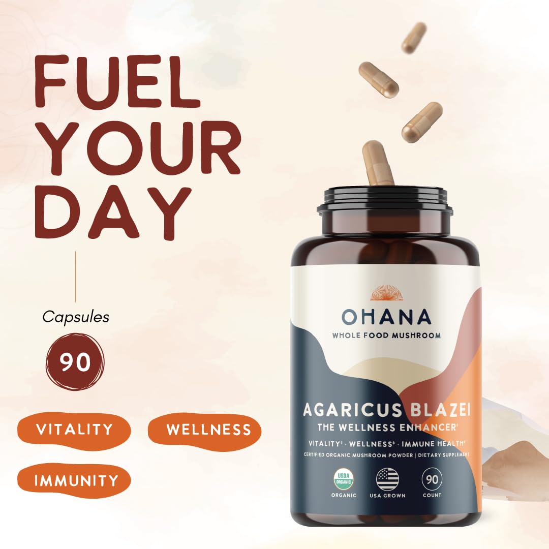Ohana Mushrooms Agaricus Blazei Organic Mushrooms Blend Whole Food Mushroom Supplement Capsule, Pack of 1