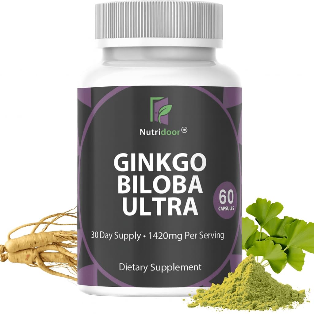 NUTRIDOOR Ginkgo Biloba Ultra with Red Asian Ginseng, Ginkgo Leaf Extract & Powder, 1420mg, Capsule, 60 Count
