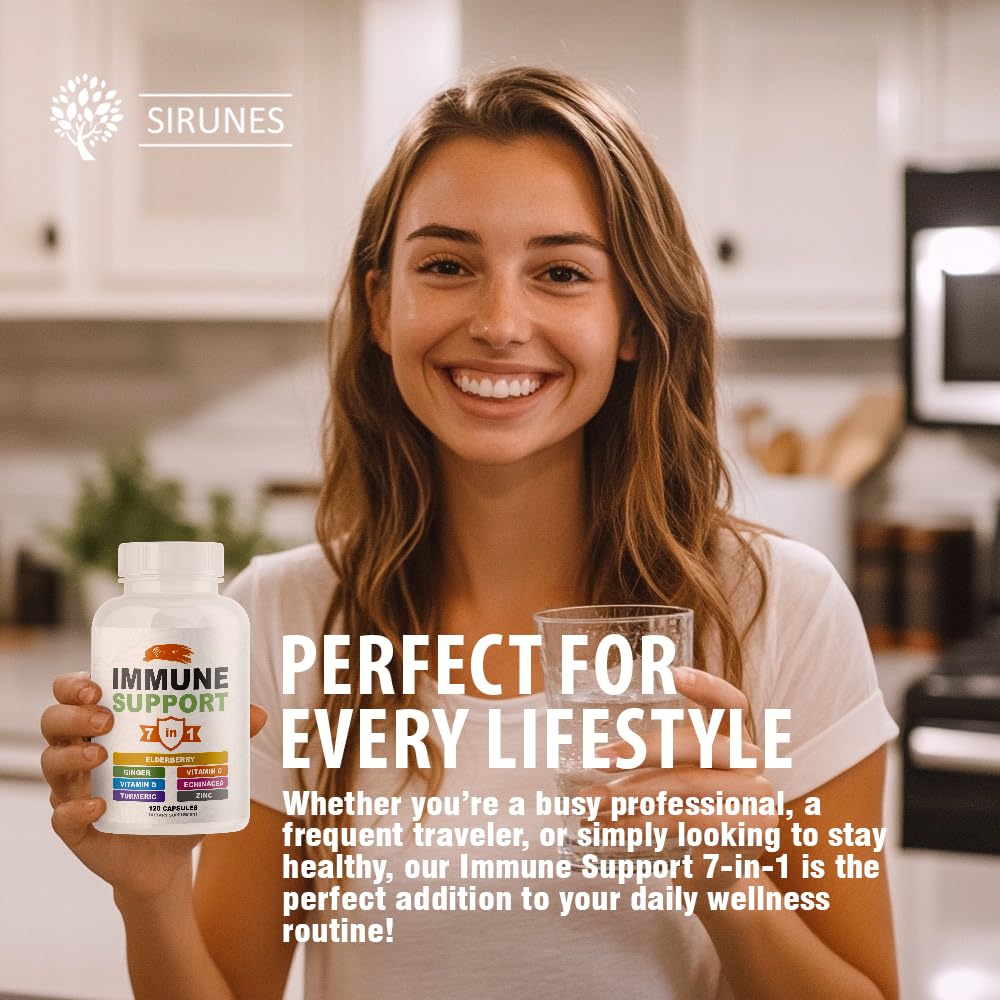 SIRUNES Immune Booster - Immunity Support Multivitamin with Vitamin C, D3, Elderberry, Zinc, Echinacea, Ginger & Turmeric - Antioxidant, Energy, Brain Health & Stress Relief, 120 Capsules