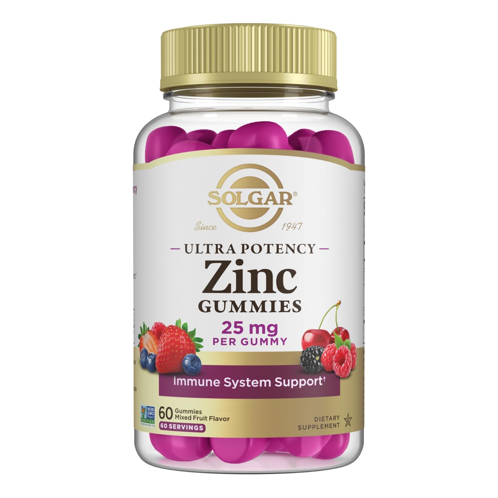 Solgar Zinc Gummies 25mg Ultra Potency Zinc Citrate for Immune Support - Mixed Fruit Flavor, 60 Count