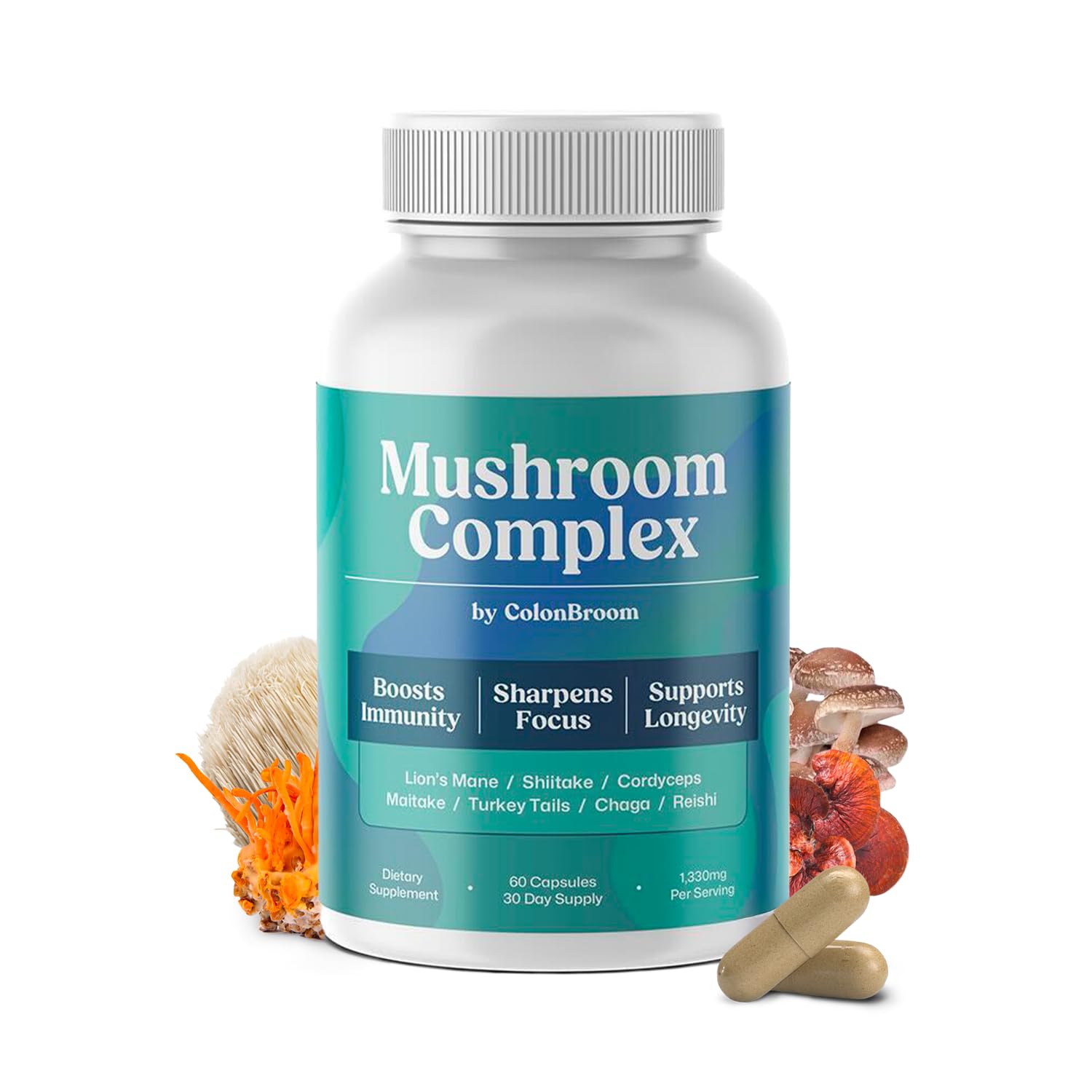 ColonBroom Mushroom Complex, Powerful Mushroom Blend with Cordyceps, Reishi, Shiitake, Lion’s Mane Extract for Energy, Immunity, Stress Relief & Cognitive Health, 60 Capsules