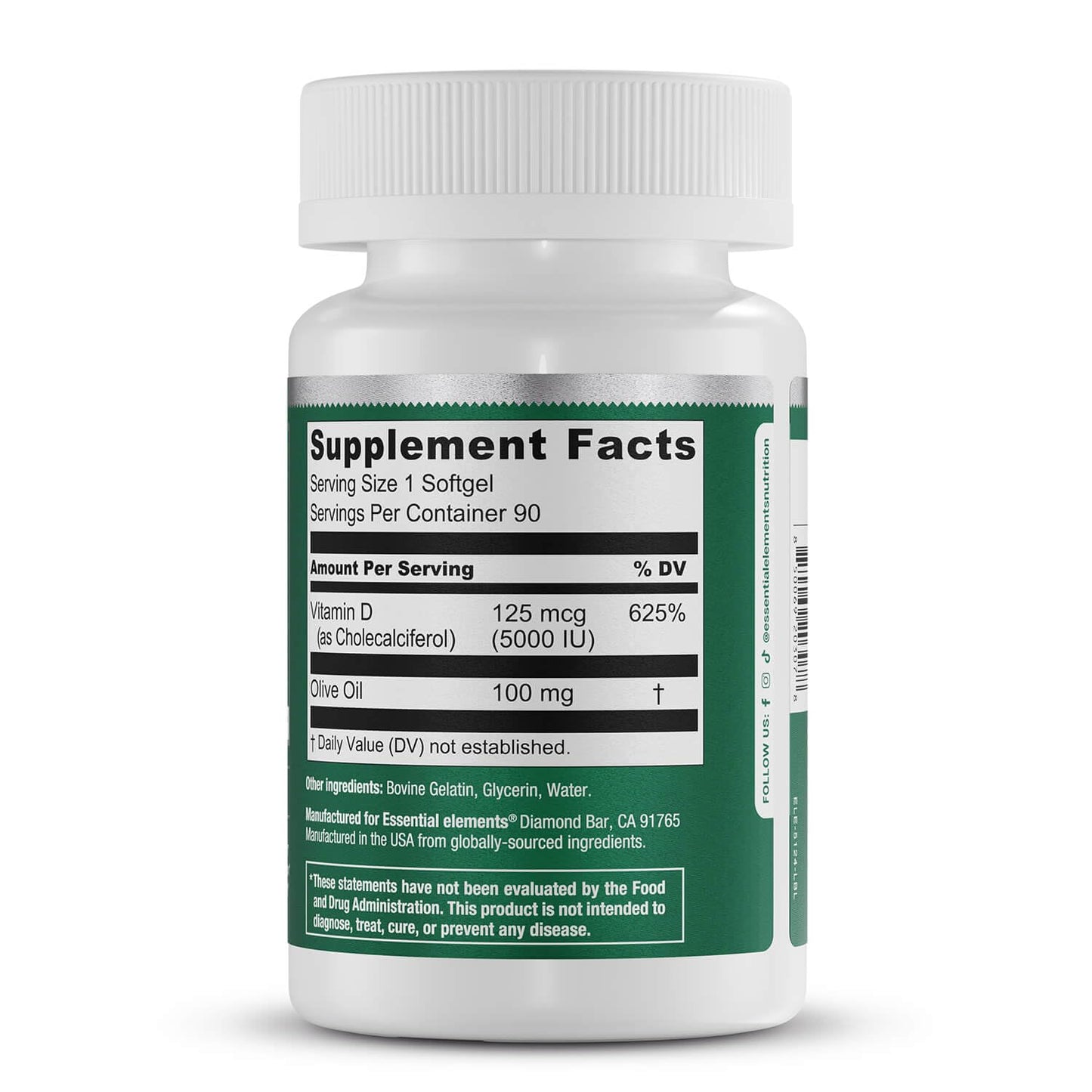 Essential Elements Vitamin D3 5000 IU Softgels, 90 Count