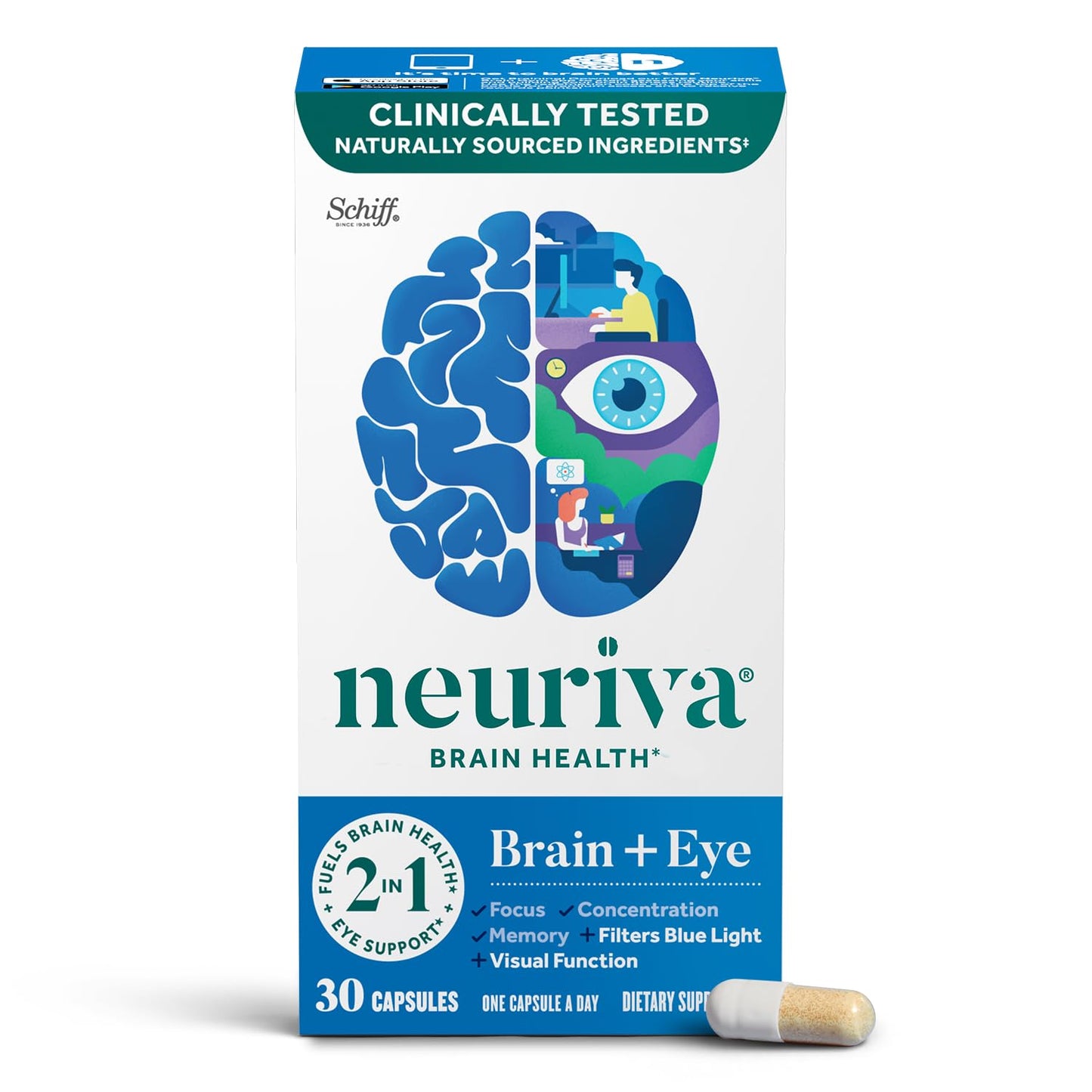 NEURIVA Brain + Eye Supplements for Memory and Focus Capsules, 30 Count