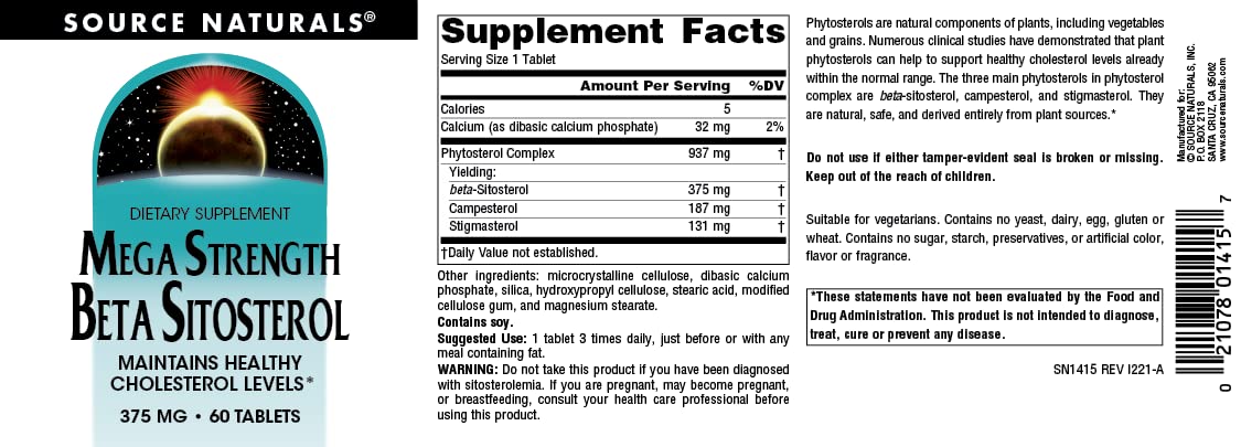 Source Naturals Mega Strength Beta Sitosterol 375mg Tablets, 60 Count