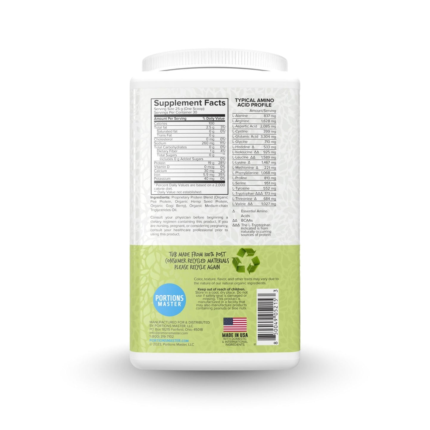 Portions Master Vegan Protein Blend, Pea Hemp Goji + MCT Powder, 26.4 Servings