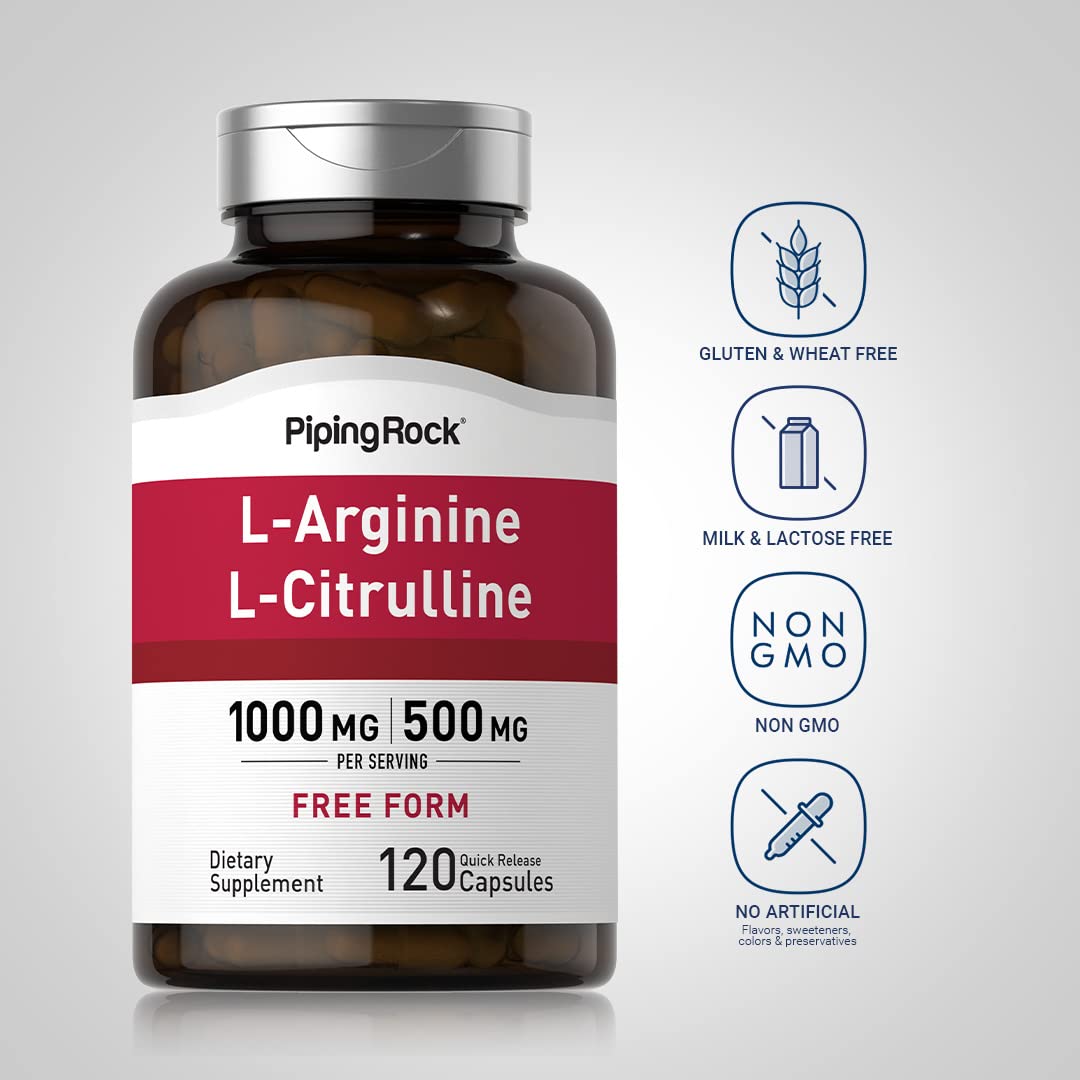 Piping Rock L-Arginine L-Citrulline Supplement 1500 mg Capsules 120 Count